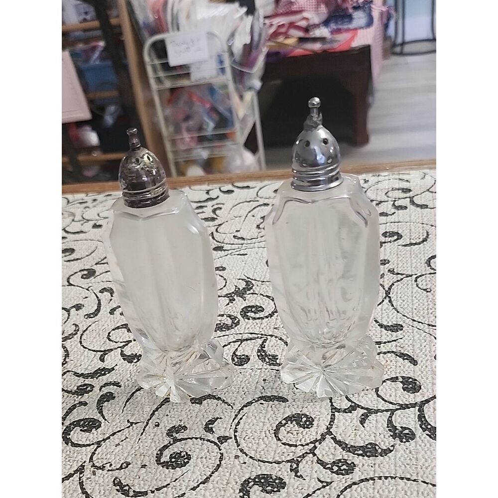 Cut Crystal Salt & Pepper Shakers - Clear Glass with Silver Tops